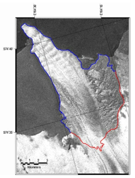 2020년 1월 9일의 Sentinel-1 SAR 영상으로부터 캠벨 빙하의 면적을 디지타이징 한 예. 청색 실선은 빙하의 가장자리, 적색 실선은 빙하의 지반선을 나타냄