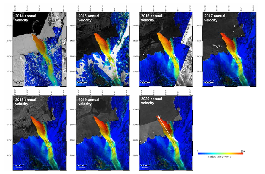 Landsat- OLI 전정색 영상 및 Sentinel-1 SAR 영상에 오프셋 추적기법 적용을 통해 산출한 2014~2020년 캠벨 빙하의 연간 흐름속도