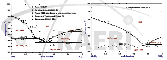 이성분계 용융염 상평형도 모델링 결과: (좌) NaCl-UCl4, (우) MgCl2-UCl4