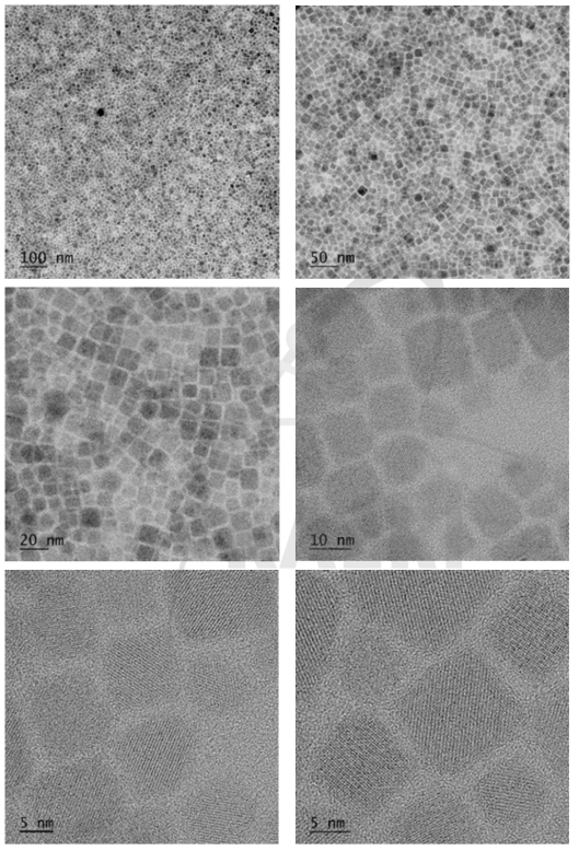 CsPbBr3 나노크리스탈 TEM 이미지(20k, 40k, 100k, 300k, 500k, 800k 배율)