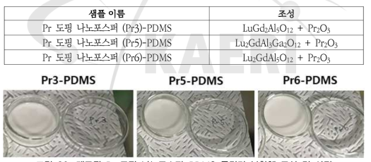 제조된 Pr 도핑 나노포스퍼-PDMS 폴리머 복합체 조성 및 사진