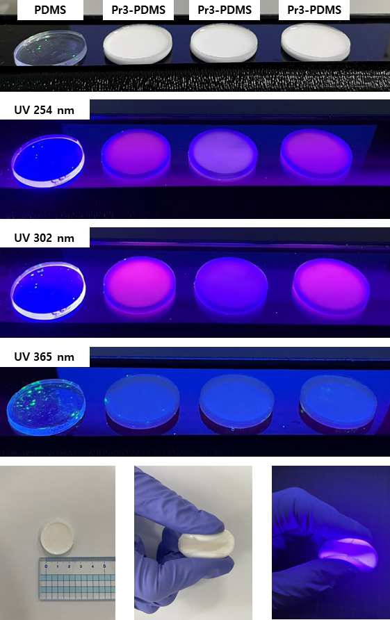 제조된 Pr 도핑 나노포스퍼-PDMS 폴리머 복합체 필름 발광사진