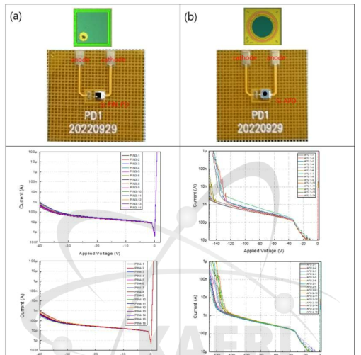 F-PCB 소자 이미지 및 암전류 특성 (a) PIN type (b) APD type