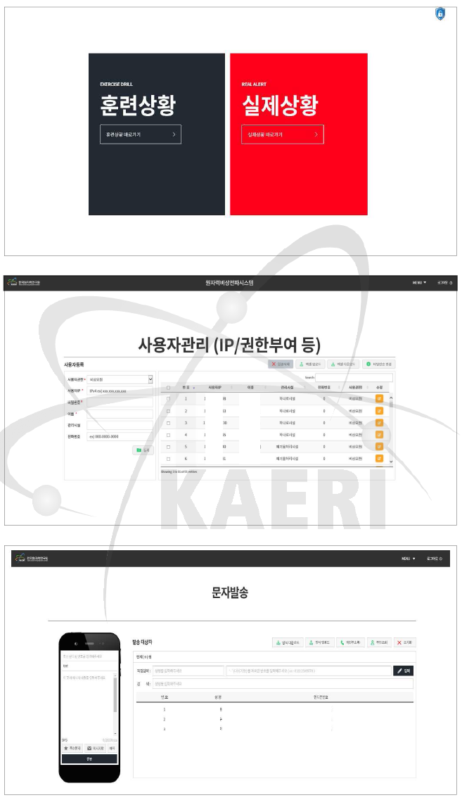 원자력비상전파시스템 화면 1) 시작, 2) 방재요원 등록, 3) 문자발송