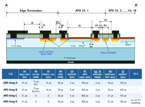 APD-Array 소자 단면 구조 모식도 및 설계 치수