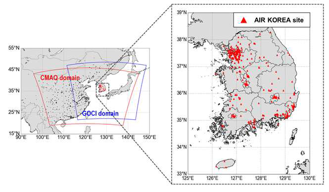 CMAQ 예측 도메인 및 AIR KOREA 관측망 위치정보