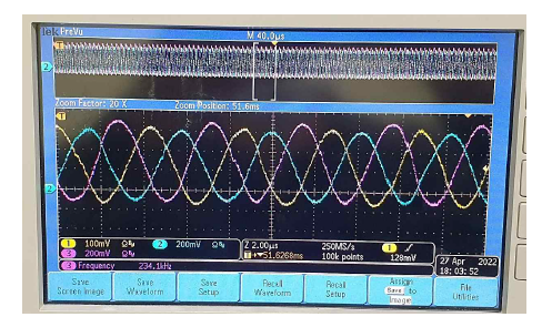 Interference spectra of the three PDs of 3x3 fiber coupler of the Michelson interferometer (delay ~ 3 m) when the wavelength of the TLS sweeps from 1547~ 1550 nm with a speed of 5 nm/s. Three output spectra have a mutual phase shift of 120 degrees