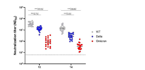 2차 접종 후 4주(T2)와 1차 접종 후 6개월(T4) 시점에 야생형 (WT)과 Delta, Omicron 변이주에 대한 중화반응. *** p < 0.001