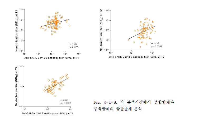 각 분석시점에서 결합항체와 중화항체의 상관관계 분석