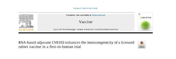 큐어백사의 RNA 면역증강제 CV8102의 임상1상에 대한 연구논문 (출처: Doener et al, Vaccine, 37, 1819-1826, 2019)