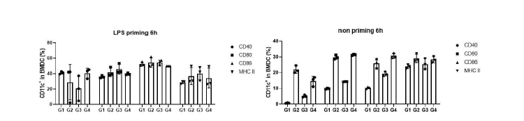 FACS 분석을 통한 Dendritic, T 세포 활성화 마커 확인 (BMDC에 RNA adjuvant를 6시간 stimulation)