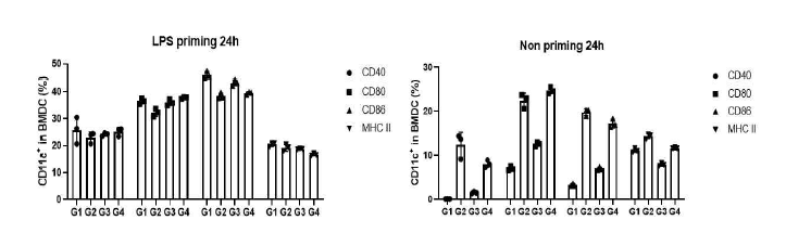 FACS 분석을 통한 Dendritic, T 세포 활성화 마커 확인 (BMDC에 RNA adjuvant를 24시간 stimulation)