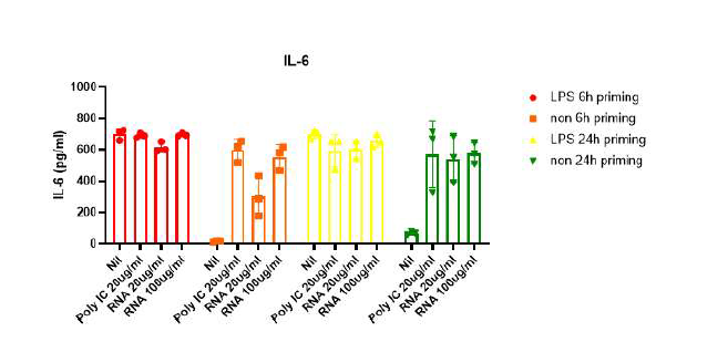 BMDC에 RNA adjuvant 처리 후, 시간별 cytokine 측정 (IL-6)