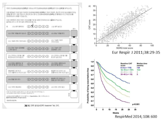 CAT (COPD assessment test). CAT설문. 단순하고 간단하여, 쉽게 정보를 모을 수 있음. (우상) 이전의 삶의 질에서 가장 잘 쓰였던 SGRQ 와 좋은 상관 관계를 그리며, (우하) COPD 악화와 같은 중요 임상 지표와도 잘 연관이 됨. 이 지표들은 이미 번역이 이루어지고, validation이 되어 사용이 가능 (Tuberc Respir Dis 2010;69:171-176)