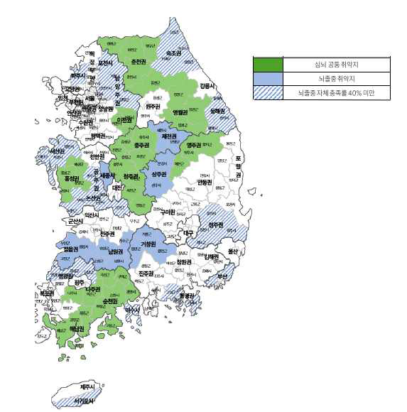 뇌졸중 취약지 도식도 (뇌졸중 치명율 상위 33.%과 자체 충족률 40% 미만인 지역을 취약지로 정의함)