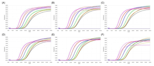 노로바이러스 합성 RNA 타겟에 대한 RPA 반응 실시간 형광 신호. (A) GII.Pe, (B) GII.P2, (C) GII.P4, (D) GII.P16, (E) GII.P17 및 (F) GII.P21 아형의 주형에 대한 결과를 보여줌. 그래프의 색은 반응당 주형 개수에 따라 각각 5x10^8(보라색), 5x10^7(빨간색), 5x10^6(파란색), 5x10^5(초록색), 5x10^4(주황색) 및 no template control(검정색)