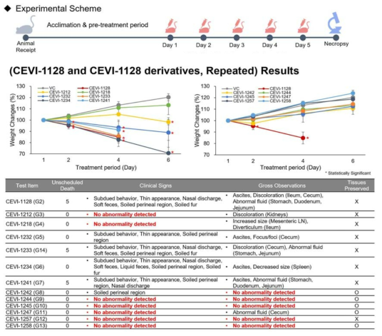 CEVI-1128과 유도체 화합물들의 rat 독성평가