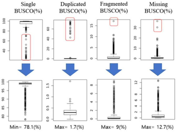 QC기준 결정을 위한 BUSCO 결과 분석(이상치는 붉은색 네모로 표시하였다.)