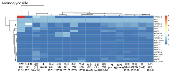 Aminoglycoside에 해당하는 ARG를 가지고 있는 isolate의 비율을 분리원별로 구분한 heatmap