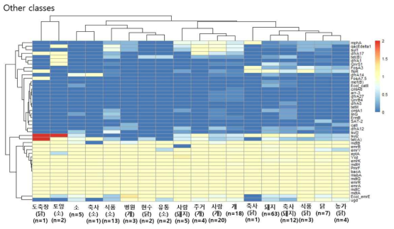 MDR, Aminoglycoside, beta-lactam을 제외한 기타 항생제 내성 class에 해당하는 ARG를 가지고 있는 isolate의 비율을 분리원별로 구분한 heatmap