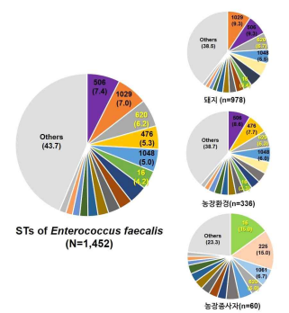 양돈농장 유래 E. faecalis 분리주들의 sequence type (ST) 빈도