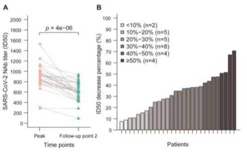 (A) 중화항체 level 의 peak point 와 추적 관찰 point 사이의 변화 비교(B) COIVD-19 환자들에서, 중화항체 감소율(%)