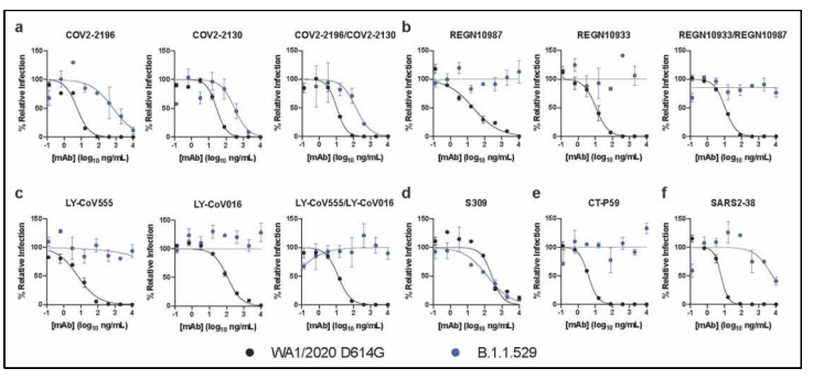 Omicron 변이주 감염에 대한 monoclonal antibody agent의 항바이러스 효과 평가 자료 (Res Sq. 2021 Dec 27;rs.3.rs-1175516)Sotrovimab과 AZD8895/AZD1061를 제외하고는 항바이러스 효과과 관찰되지 않았음