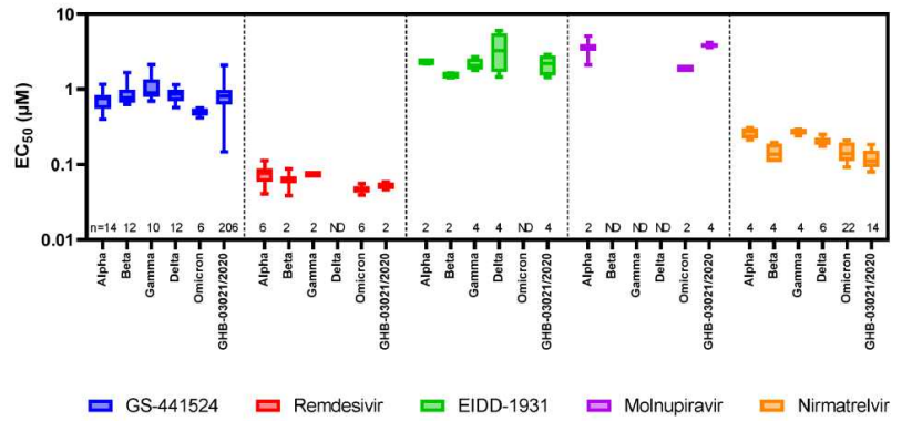 주요 변이주에 대한 Anti-SARS-CoV-2 agent의 항바이러스 효과 평가 자료 (Antiviral Res. 2022 Feb;198:105252. ) Alpha, Beta, Gamma, Delta, Omicron등의 주요 변이주에 대한 remdesivir, molnupiravir, nirmatrelvir의 EC50는 크게 변화하지 않고 유지됨