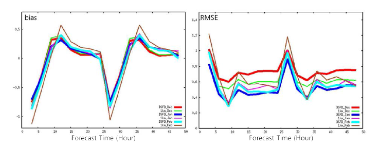 상세기상정보 예보자료의 겨울철(12,1,2월) 예측시간별 bias와 RMSE 검증지수