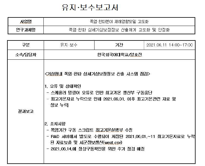 유지보수보고서작성을 통한 모니터링 및 운영 기록