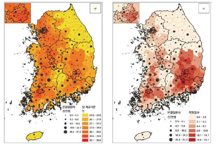 기온에 따른 온열질환 발생률의 지역적 차이 (출처: 채여라 외, 2018)