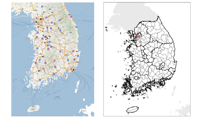 산업 부문 추출 결과의 지도 시각화 1차년도 (왼쪽), 2차년도 (오른쪽)