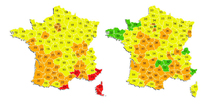 프랑스 지역별 최저기온(좌측), 최고기온(우측) 임계기온(출처: McGregor et al.,2015)