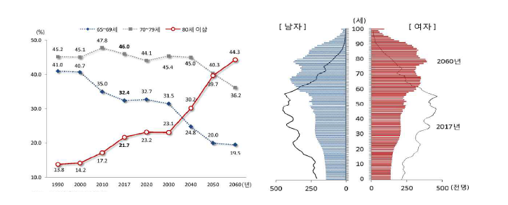 고령자의 연령대별 구성비와 인구 피라미드 전망 (1990-2060)(출처: 통계청, 2017)
