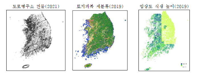 GIS 자료의 최신화를 위해 적용된 자료들(건물높이, 토지피복, 식생높이)