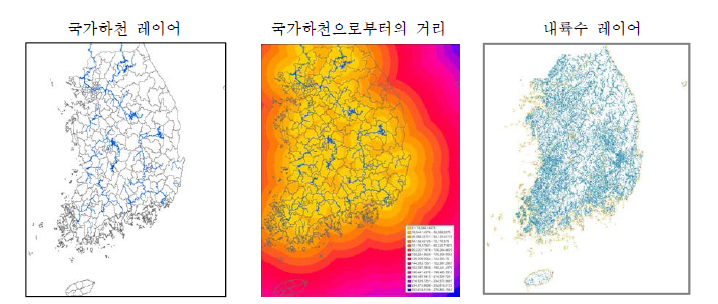 국가 하천망도(한강홍수통제소, 2016)(좌)와 Euclidean distance(우)