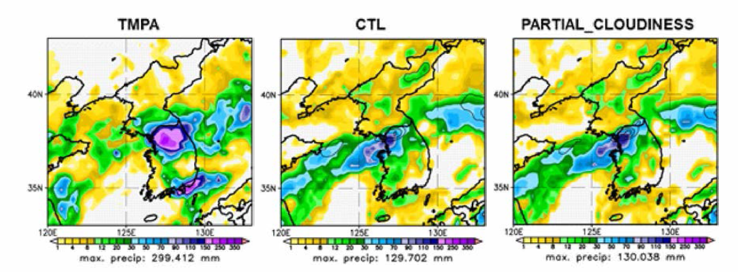 우면산 사례에 대한 (좌) TMPA, (중) CTL 및 (우) 구름양 고려실험의 24시 간(2011 년 7월 26일 12UTC~27일 12UTC) 누적 강수량