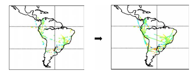 신규 추가된 남미지역 항공기 관측에 대한 항공 기 식별부호 탐지오류 수정 전(좌)과 후(우)의 공간분포