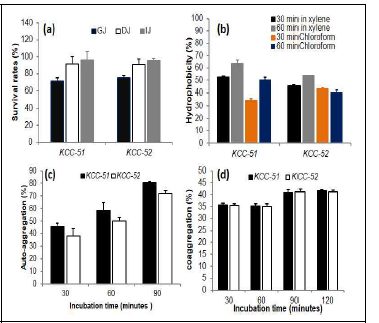 Probiotic features of L. rhamnosus KCC-51 and L.paracasei KCC-52. (a) Survival ability in simulated gastric juice (GJ), duodenal juice (DJ) and intestinal juice (IJ); (b) hydrophobicity property of KCC-51 and KCC-52 in xylene and chloroform; (c) auto-aggregation of strains; (d) co-aggregation of ability of KCC-51 and KCC-52 with E. coli. Data are expressed as the mean ± S. E.M. of three replicates. Analysis was performed with three technical replicates from each sample