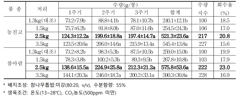 배지 규격에 따른 품종별 수량성