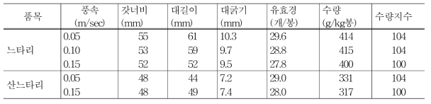 생육실 풍속 수준별 생육 및 수량성(1kg 봉지)