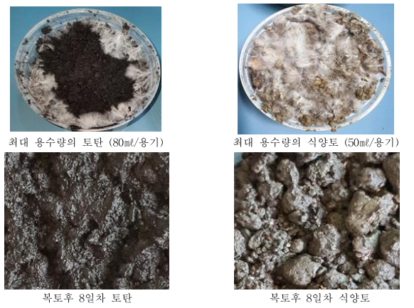 복토종류별 최대용수량의 수분함량 처리에 따른 복토층 내의 균사생장