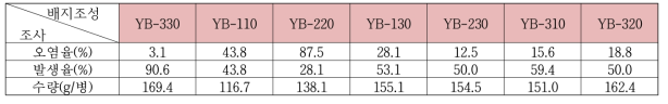 큰느타리 YB배지 혼합비율별 병접종 후 배양 오염율, 버섯발생율, 수량 결과