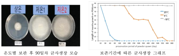 분말종균 보존 온도별 균사생장 조사