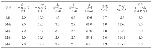 고깔처리에 따른 배지조합별 봉지재배 생육특성