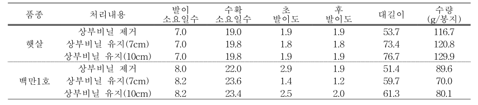 봉지배지 상부비닐 높이에 따른 생육특성