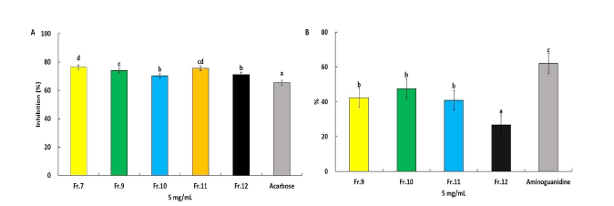 α-glucosidase 저해(A) 및 anti-glycation(B) 효과. 결과값은 3번의 독립적 실험결 과를 평균±표준오차로 표기하였으며, 실험군간의 유의성은 p < 0.05 수준에서 Duncan의 다 중검정법에 의해 검정하였음