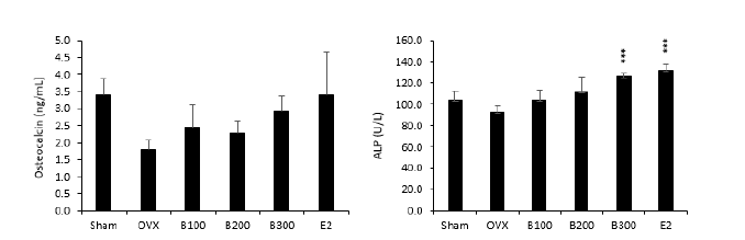 각 대조군 간의 osteocalcin 및 ALP의 발현 측정 (#: Sham 대조군과 대조, *: OVX 대조군과 대조)