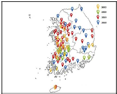 연도별 시료수집 지역 분포