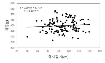 ‘신화’의 주지별 평균 측지길이와 평균과중과의 상관관계(2019년)